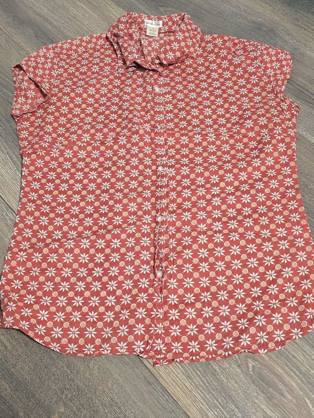 Vintage Red Orange Floral 100% Cotton Button Front Shirt Cap Sleeve Lightweight
